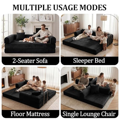 79" Boneless Couch,4-in-1 Futon Sofa Bed Modular Loveseat Sleeper Folding Compressed Couch with Pillows,No Assembly Required Convertible Sofa Bed for Living Room Bedroom Guest Room,Black - color: Black, size: 79” Sofa