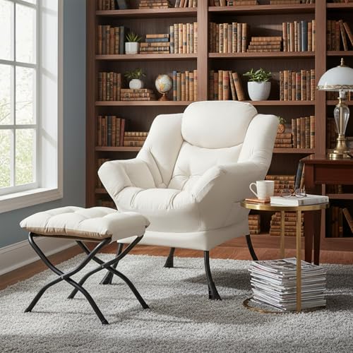 Welnow Lazy Chair with Ottoman, Reading Chair with Footrest, Beige | A Side Pocket,Armrests,Foldable Footrest,Thick Cushioned Seat & Backrest, Lounge Chair for Bedroom,Living Room & Small Space - color: Beige