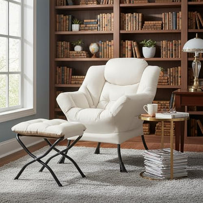 Welnow Lazy Chair with Ottoman, Reading Chair with Footrest, Beige | A Side Pocket,Armrests,Foldable Footrest,Thick Cushioned Seat & Backrest, Lounge Chair for Bedroom,Living Room & Small Space - color: Beige