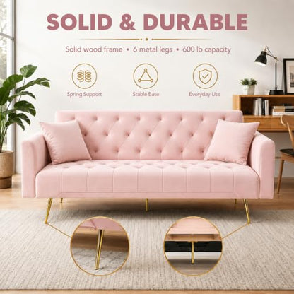 Anwick 72''Modern Velvet Sofa Bed Futon,Convertible Folding Sleeper Couches with 3 Adjustable Backrests,Tufted Recliner Loveseat with Golden Chrome Legs for Living Room Apartment Office (Pink-new) - color: Pink-new