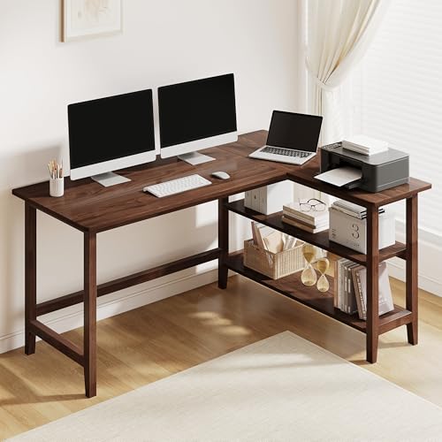 IOTXY 53" Reversible L-Shaped Office Desk with Storage Shelves, Walnut | Solid Rubberwood Legs, 0.6" MDF Desktop, Reversible 2-tier Shelves, Spacious Corner Computer Table for Dual Monitors - color: Walnut, size: 53-inch