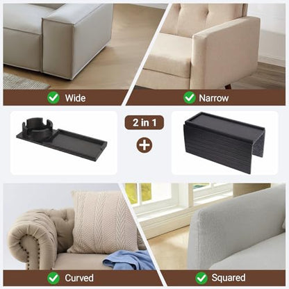 Bamboo Sofa Armrest Tray, Foldable Couch Arm Tray Side Table, 2 in 1 Anti-Falling Armrest Tables Cup Holder for Snacks, Drinks, Beers, Phone, Control, Flexible and Portable, Anti-Slip, (Black) - color: Black