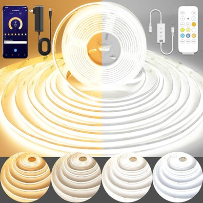 Pandery COB LED Strip Light,CCT Dimmable Strips Light,2700K-6500K,50ft/15m,8mm Wide,CRI90+ 24V LED Strips Kit with Bluetooth APP Control/Music Mode,for Bedroom,Kitchen,DIY Lighting - size: 50FT