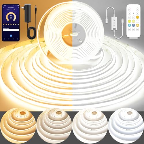 Pandery COB LED Strip Light,CCT Dimmable Strips Light,2700K-6500K,50ft/15m,8mm Wide,CRI90+ 24V LED Strips Kit with Bluetooth APP Control/Music Mode,for Bedroom,Kitchen,DIY Lighting - size: 50FT