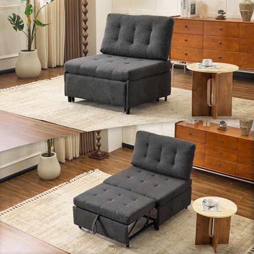VINGLI Convertible Sofa Bed Tufted Teddy Fleece Sleeper Chair Bed Couch Armless Living Room Chairs with Adjustable Backrest Pull Out Couch Bed for Small Spaces - color: Dark Grey