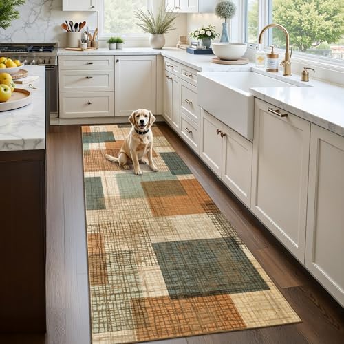Washable 2x6 Runner Rug for Hallway Kitchen Bedroom, Orange/Blue | Non Slip, Low-Pile, Soft Stain Resistant, Modern Geometric Patchwork Grid Print Long Runner with Rubber Backing - color: Orange/Blue Multi, size: 2' x 6' (Runner)