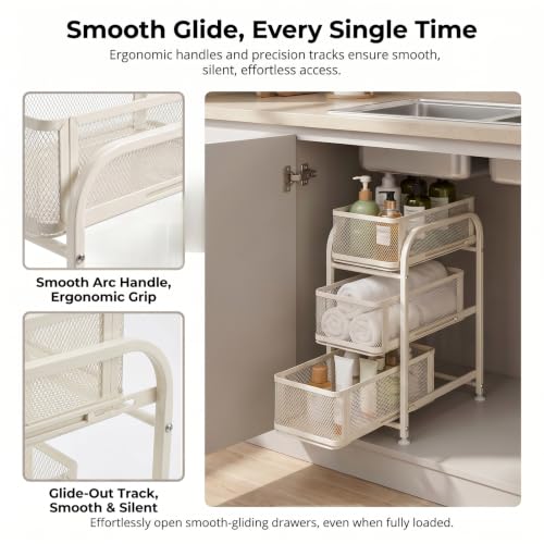 3 Tier Under Sink Organizer, Pull Out Cabinet Storage Organizer with Sliding Mesh Drawers, Heavy Duty Metal Under Sink Storage for Kitchen, Bathroom, Cabinet, Small Space, White, 1 Pack
