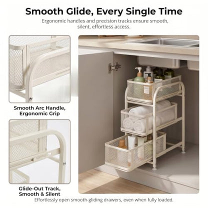 3 Tier Under Sink Organizer, Pull Out Cabinet Storage Organizer with Sliding Mesh Drawers, Heavy Duty Metal Under Sink Storage for Kitchen, Bathroom, Cabinet, Small Space, White, 1 Pack