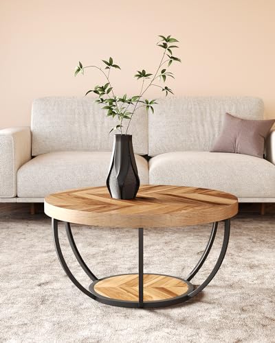 LITTLE TREE Round Coffee Table, 32" Circle Coffee Tables for Living Room | 2-Tier Wood Accent Center Table with Open Storage Industrial Design Home Furniture (Wood Grain and Black) - color: Wood Grain and Black