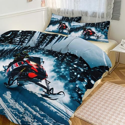 3 Piece Cool Snowmobile Bedding Set - Ultra Soft Fabric & Double-Sided Print, Breathable Comforter Set with 1 Quilt Cover & 2 Pillowcases for Home Hotel, 90"x90" - size: 90"x90"