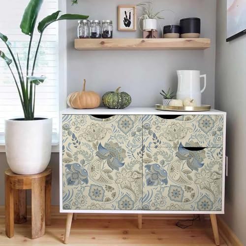 MuralPeel Beige Grey Blue Paisley Flowers Peel and Stick Wallpaper Self Adhesive Removable Easy Peel Off Stick on Wall Paper for Bedroom Cabinet Renter - color: Blue/Cream, size: 17.7" x 118.1"