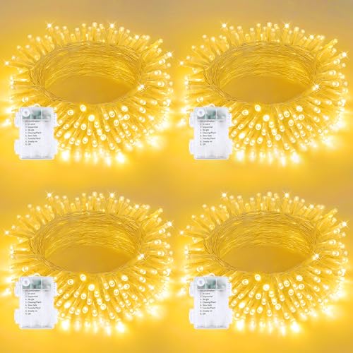 4 Pack 200 LED Battery Operated String Lights, 8 Modes Twinkle Fairy Lights | 66FT Warm White Christmas Lights Indoor Outdoor, Waterproof Battery Lights for Bedroom Party Porch Tree Holiday Decorations - color: Warm White, size: 4PK(50LED)