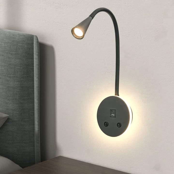 Black Headboard Reading Light with Nightlight, 2 Pack Wall Mounted Reading Lights with Switch, Plug-in Hardwired Reading Lamp for Bedtime Reading, Gooseneck Reading Sconces for Bedroom, Bedside - color: Black-2 Pack