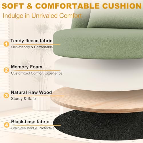 Misolant Vanity Chair with Back, Armless Cute Office Chair with Wheels for Girls, Teddy Fleece Fabric Small Desk Chairs with Adjustable Height, Lumbar Support Pillow, 360°Swivel for Makeup Room, Green - color: Green