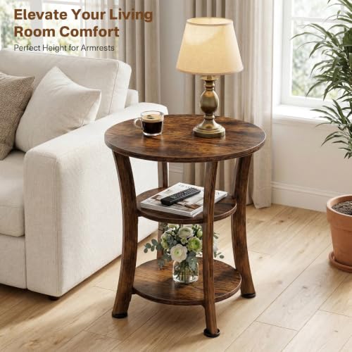 Round End Table 3 Tier Side Table, Small Space Nightstand | 19.7 inch Circle Coffee Accent Table, Outdoor Side Tables for Bedroom, Couch, Patio, Garden, Vintage Rustic (Brown) - color: Rustic Brown
