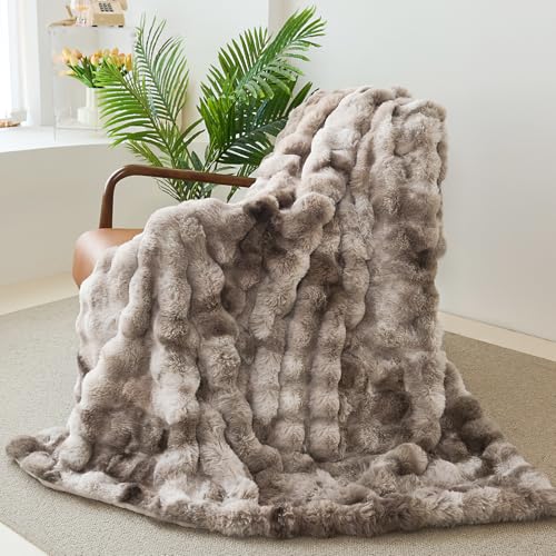 Faux Rabbit Fur Throw Blanket for Couch Gifts for Mom 50"x60" Tie-dye Brown | Cozy Reversible Fluffy Throw, Luxury Plush Thick Bubble Blanket, Mothers Gifts for Women, Soft Warm for Bed, Home Decor - color: Tie-dye Brown, size: Throw50"x60"