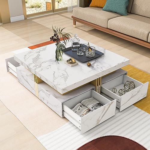 Modern White Square Storage Coffee Table with 4 Drawers for Living Room - color: White1