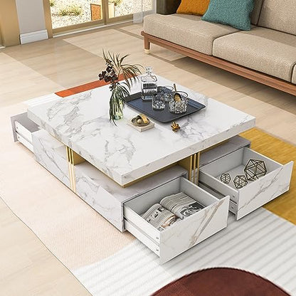 Modern White Square Storage Coffee Table with 4 Drawers for Living Room - color: White1