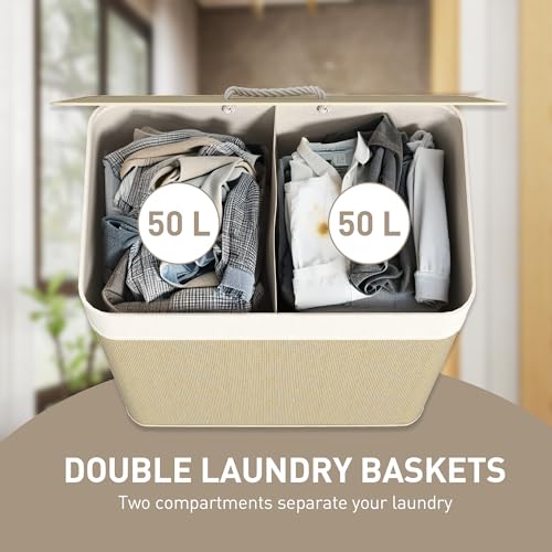 HOMCOM Double Laundry Basket with Lid 26.4 Gallon Bamboo Hamper Natural | Rope Handles, Clothes Hamper, Removable Liner, Bathroom, Bedroom - color: Natural