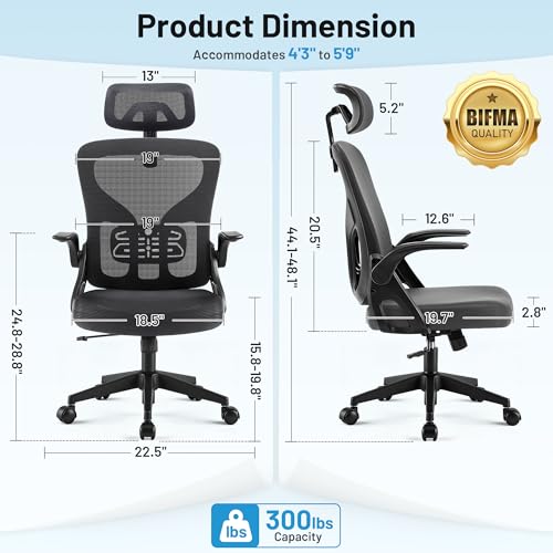 Office Chair Ergonomic Desk Chair with Adjustable Headrest Lumbar Support, High Back Breathable Mesh Chair with 120° Tilt & Flip-Up Armrests, Swivel Comfy Task Computer Chair for Work, Study - color: Dark Gray