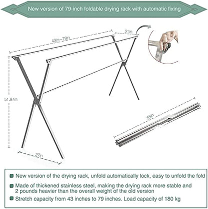 Drying Racks Clothing for Outdoor with 20 Windproof Hooks | Stainless steel Sturdy Lightweight Frame Foldable Portable Design for Indoor and Outdoor Sun Drying of Garments 81.55In - size: 81.55 inches