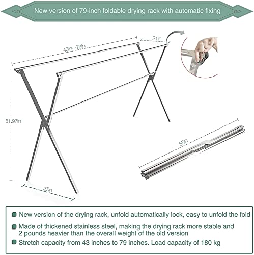 Drying Racks Clothing for Outdoor with 20 Windproof Hooks | Stainless steel Sturdy Lightweight Frame Foldable Portable Design for Indoor and Outdoor Sun Drying of Garments 81.55In - size: 81.55 inches