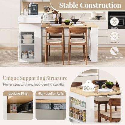 Extendable Dining Table with Folding Tabletop & Power Outlet, Modern Kitchen Island Sideboard with Wheels, Hidden Drawers & USB Charging, Sturdy Buffet Table for Small Spaces (Creamy White+Natural) - color: Creamy White+natural