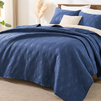 EMME Quilts Twin Size Bedding Sets, Navy Blue Bedspread Soft Lightweight Pre-Washed Quilt, 2 Piece Cozy Reversible Microfiber Ultrasonic Coverlet with Pillow Sham (Diamond Pattern,66"x90") - color: 02-navy (Diamond), size: Twin/Twin XL(66" x 90")