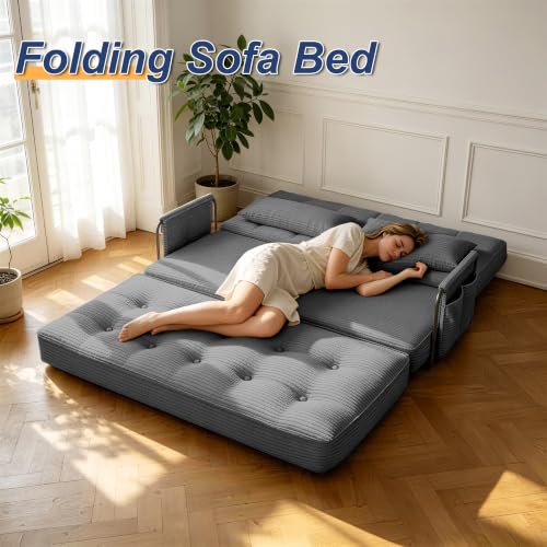 Futon Sofa Bed,Convertible Sofa Bed,Folding Boneless Couches | 3-in-1 Folding Sofa Bed,Boneless Couches for Living Room with Pillow & Side Pocket,High-density Foam,Double Sleeper,Grey - color: Dark Grey, size: Full