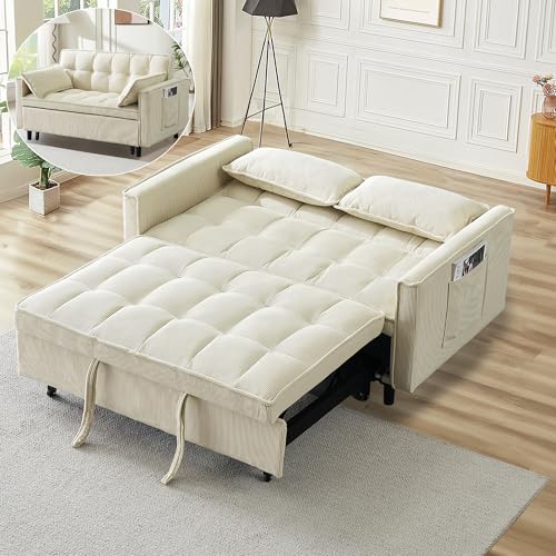 3 in 1 Pull Out Couch,Convertible Sleeper Sofa Bed, Corduroy-Beige | Futon Loveseat Couch with Pull-Out Bed & Adjustable Backrest Velvet Sofa with Side Pocket for Small Apartment - color: Corduroy-beige, size: 54.3 "