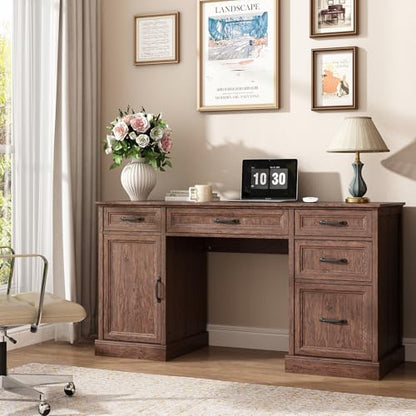CARPETNAL 58'' Farmhouse Executive Desk with Drawers, Home Office Desk with File Drawer and Storage Cabinet, Rustic Computer Desk for Working, Studying, Writing, Brown - color: Brown