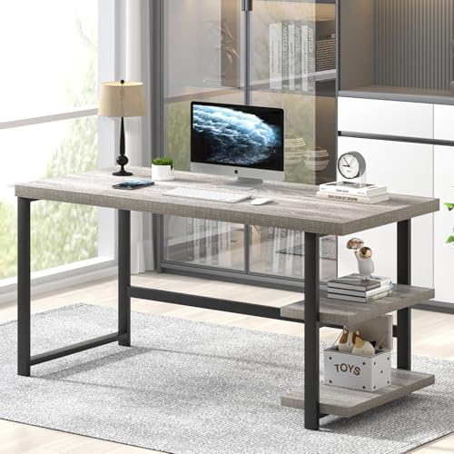 Computer Desk, Modern Home Office Desk with Shelves, Wood Writing Study Gaming Table for Living Room Bedroom, Light Grey, 53 inch - color: Light Grey, size: 53 inch