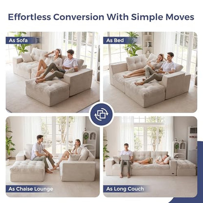 MAXYOYO Boneless Couch, 104-Inch L-Shaped Cloud Couch with Ottoman | Beige Upholstered Sofa Features Layered Cushions and Flexible Modules with No Assembly, Ideal for Modern Living Rooms. - color: Beige, size: 104" L Shape