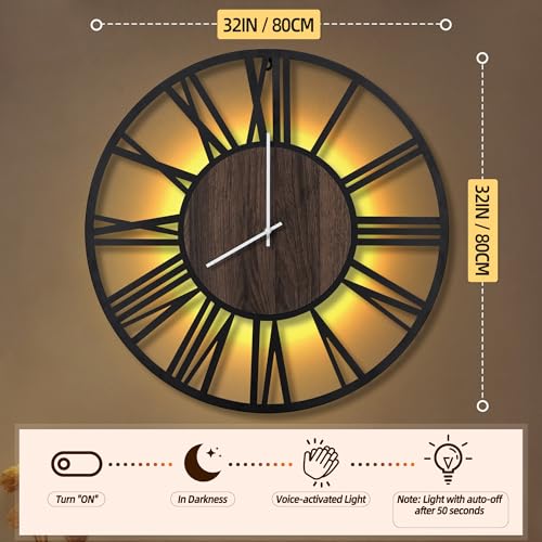 LEIKE Large LED Wall Clocks,Silent,Non Ticking,Battery Operated Rustic Round Modern Big Wood Wall Clock for Living Room, Bedroom,Kitchen,Farmhouse,Office,Home Decor -32" Black,LED,Roman Number - color: Led-black Wood-roman Number, size: 32 IN