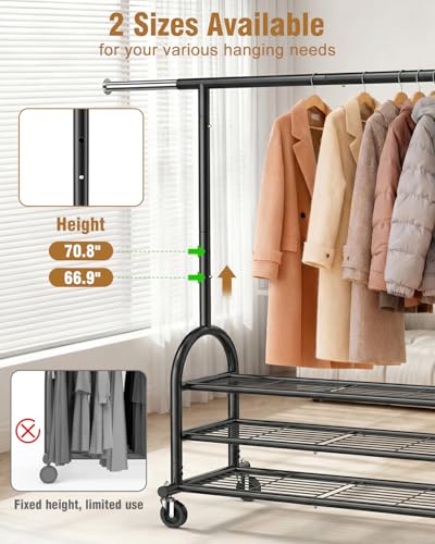 Heavy Duty Clothes Rack for Hanging Clothes Load 688 LBS, Height Adjustable Rolling Clothing Racks, Portable Metal Coat Rack Garment Wardrobe with Wheels and 3 Shelves for Bedroom, Black - color: Black, style: 3 Shelves