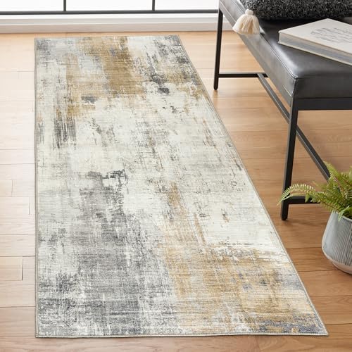Machine Washable Area Rug Runner - Living Room Bedroom Bathroom Kitchen Entryway Office - Padded Low Pile Stain Resistant Premium - Modern Abstract Contemporary - Quinn - Beige 2'6" x 8' - color: Abstract Modern - Beige, Gray, Ivory, size: 2'6" x 8' (Rect
