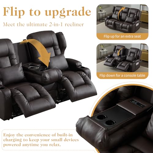 Loveseat Recliner Sofa,RV Wall Hugger Recliners with Flip-up Console,Reclining Loveseat Sofa Recliner with Cup Holders/Lumbar Pillows for Small Spaces,RV Furniture (Brown,68" 2-Seater) - color: Brown, size: 68" 2-Seater