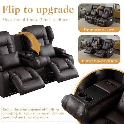 Loveseat Recliner Sofa,RV Wall Hugger Recliners with Flip-up Console,Reclining Loveseat Sofa Recliner with Cup Holders/Lumbar Pillows for Small Spaces,RV Furniture (Brown,68" 2-Seater) - color: Brown, size: 68" 2-Seater