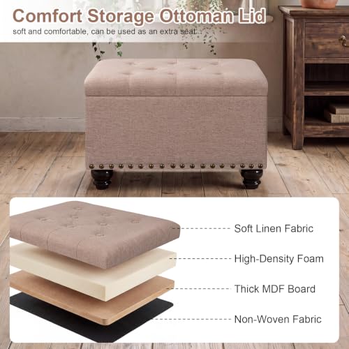 Ottoman with Storage, Fabric Ottoman Foot Rest 24" Rectangle Tufted Foot Stools Ottomans with Hinged Lid Upholstered Button Ottomans for Bedroom Living Room Entryway, Taupe - color: A-taupe