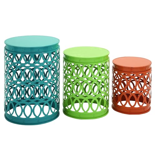 Deco 79 Metal Accent Table, 22", 18", 15"H, Matte Multi Colored | Small outdoor table style, set of 3 accent tables, outdoor end tables for patio, laser cut iron