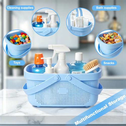 Portable Shower Caddy Basket with Handles Plastic Storage Basket Blue | Sturdy Drainage Large Capacity Organizer Basket with Silicone Handles for Bathroom Kitchen Bedroom College Dorm Essentials - color: Blue, size: Large