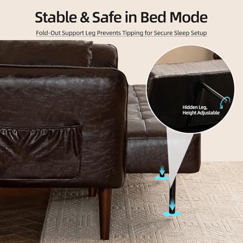 HALLYBEE 85" Futon Faux Leather Couch with Adjustable Armrests Coffee Brown | Futon Sofa Bed, Sleeper Sofa, Small Couch with Pillows, Side Pockets, Mid Century Modern, Living Room, Bedroom, Apartment - color: Coffee Brown