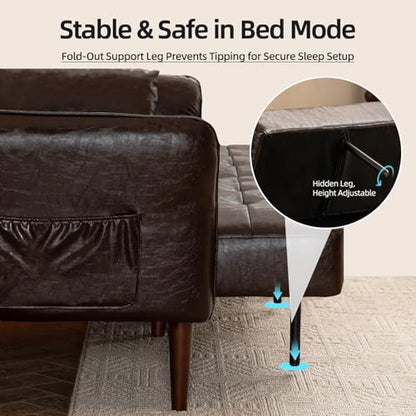 HALLYBEE 85" Futon Faux Leather Couch with Adjustable Armrests Coffee Brown | Futon Sofa Bed, Sleeper Sofa, Small Couch with Pillows, Side Pockets, Mid Century Modern, Living Room, Bedroom, Apartment - color: Coffee Brown