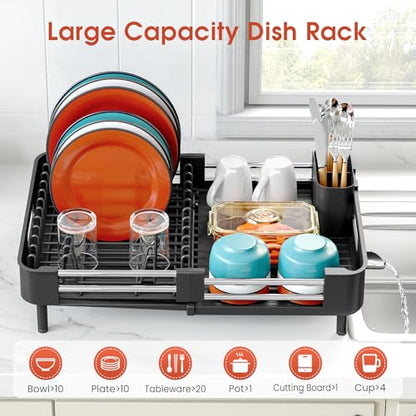 TOOLF Expandable Dish Drying Rack with Cutlery Holder, Standard, Black | Stainless Steel &PP, Extenable 12.6"-18.7"D, Anti-Rust, Auto-Drainage, Space-Saving, Fit for RV, Apartment Sink Countertop - color: Black