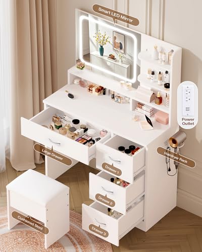 LIVELYGLOW White Makeup Vanity Desk with Charging Station & 4 Drawers | Smart LED Mirror, Cushioned-Stool, Hairdryer Rack - color: Ivory White
