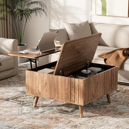 JOINICE Walnut Lift Top Coffee Table with Storage for Living Room,Square | 32" Multi-functional Pop Up Center Table,Large Hidden Compartments with Solid Wood Legs,Lift to 23",Hold 100lbs,Easy Assembly - color: Walnut_square