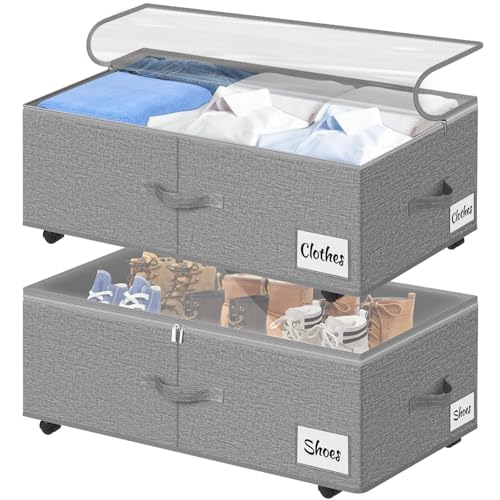 Under Bed Storage with Wheels, 2-Pack 10" Height XXL 75L Rolling Storage Bins, Quick Assembly Underbed Shoe Storage Containers with Clear Lid & Label, Dorm Under Bed Drawers for Clothes, Shoes, Black - color: Grey-2 Pack, size: 9.5 Inch Tall - Clear Lid