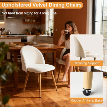 Lightdot Dining Chairs Set of 2, Velvet Comfortable Seats, Mid-Century Modern Living Room Chairs, Upholstered Kitchen Chairs with Wooden Legs and Padded Seat for Bedroom Office, Easy Assembly, Beige - color: Beige