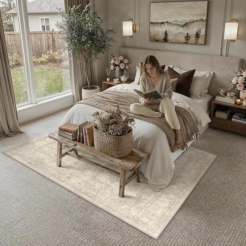 5x7 Beige Area Rug for Living Room Vintage Distressed | Neutral, Washable, Non Slip, Soft Low Pile, Carpet for Bedroom, Dining Room, Office, Indoor Home Decor - color: Beige, size: 5' x 7' (Rectangular)