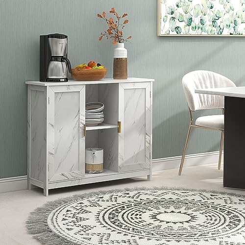 TaoHFE Marble Top Narrow Sideboard Cabinet,White Marble Side Buffet Cabinet | Modern Side Buffet Cabinet With Storage,Kitchen Island narrow sideboard for kitchen for living room - color: Marble White